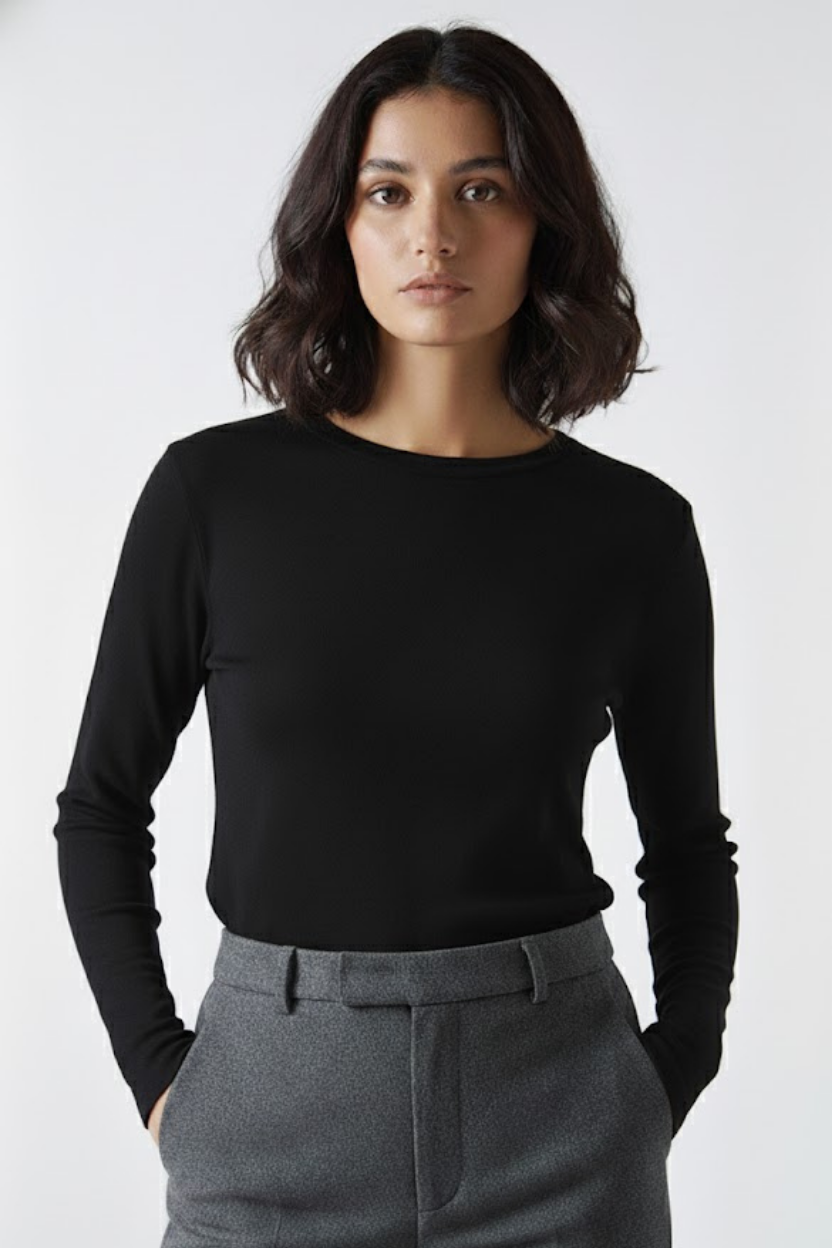 Bisiklet Yaka Parmak Geçmeli Viskon Body - Siyah - Görsel 2