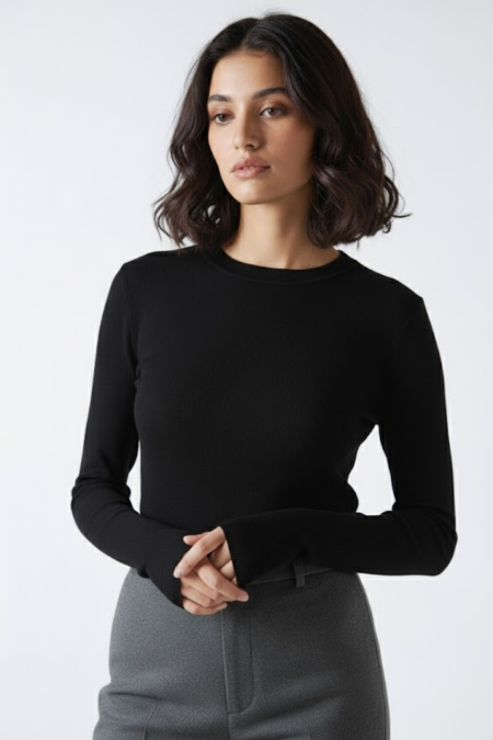 Bisiklet Yaka Parmak Geçmeli Viskon Body - Siyah