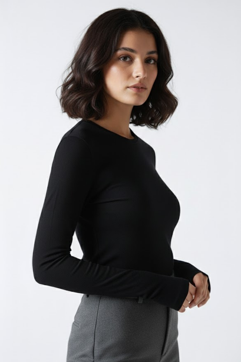 Bisiklet Yaka Parmak Geçmeli Viskon Body - Siyah - Görsel 4