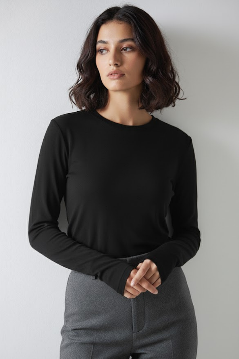 Bisiklet Yaka Parmak Geçmeli Viskon Body - Siyah - Görsel 7