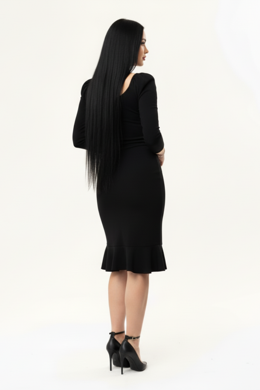 Kadın Siyah Balon Kol Eteği Volanlı Elbise - Görsel 3