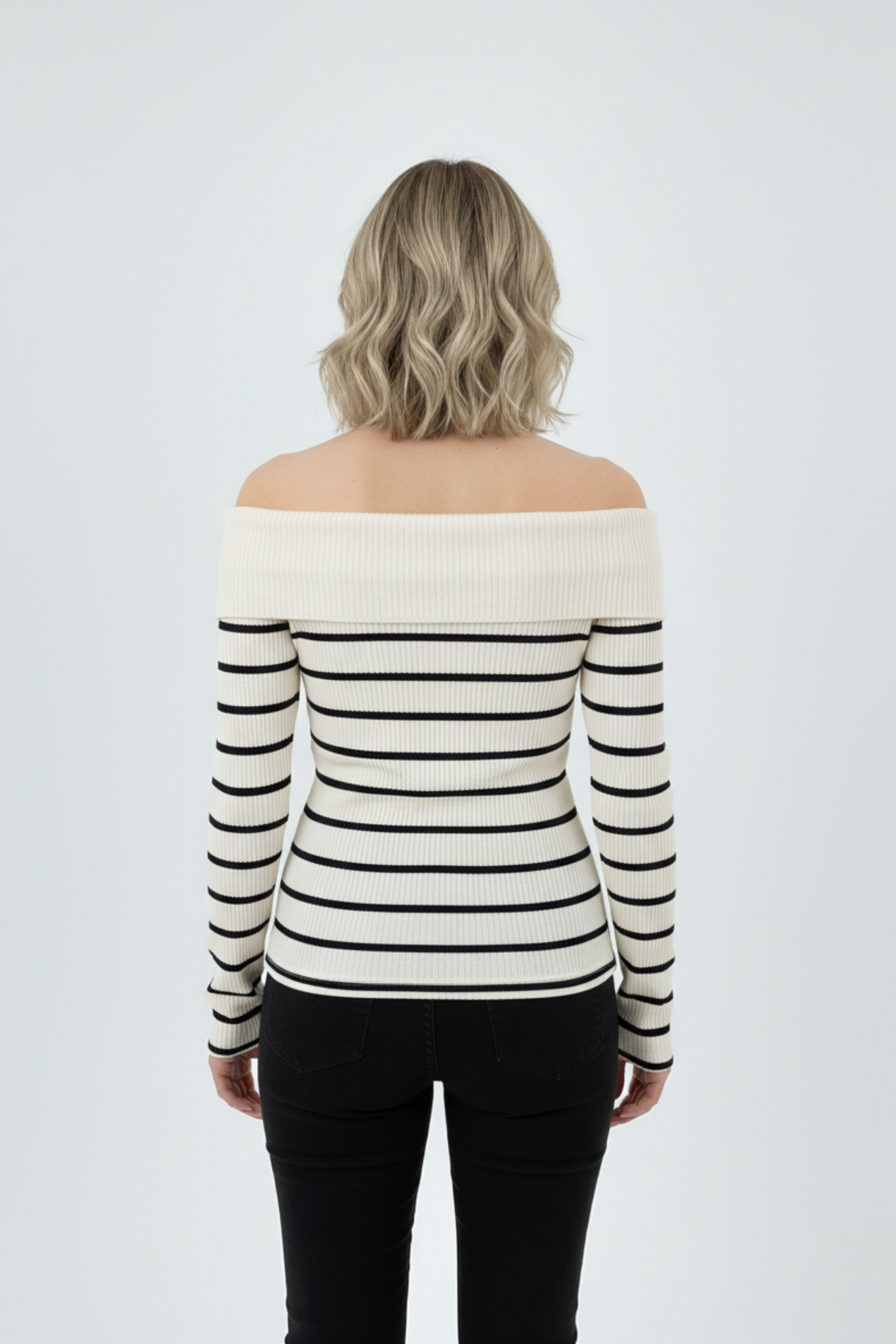 Kadın Çizgili Madonna Yaka Kaşkorse Beyaz Kazak - Görsel 3