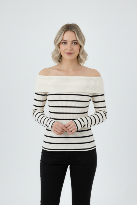 Kadın Çizgili Madonna Yaka Kaşkorse Beyaz Kazak