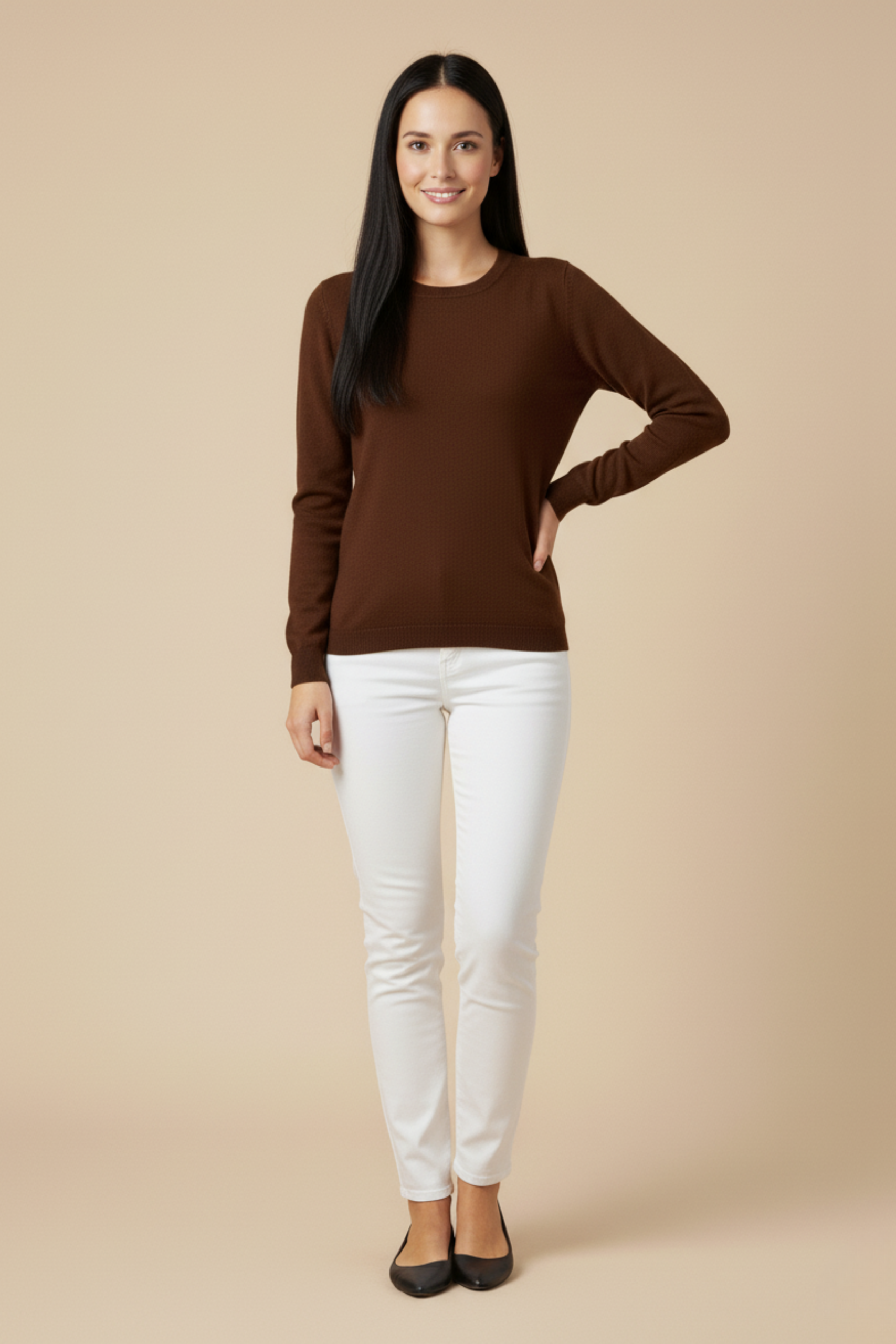 Kadın Kahverengi Triko Yuvarlak Yaka Kazak - Görsel 4