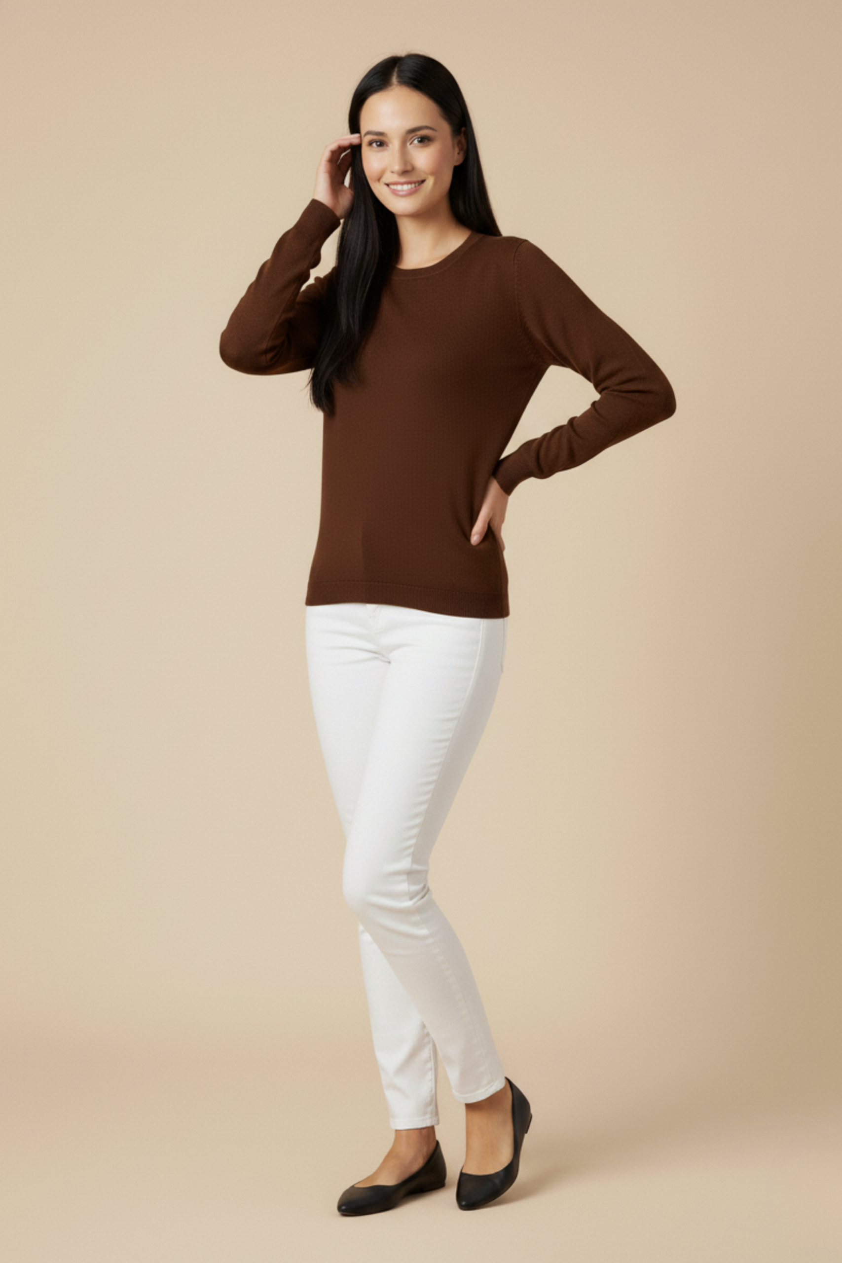 Kadın Kahverengi Triko Yuvarlak Yaka Kazak - Görsel 3