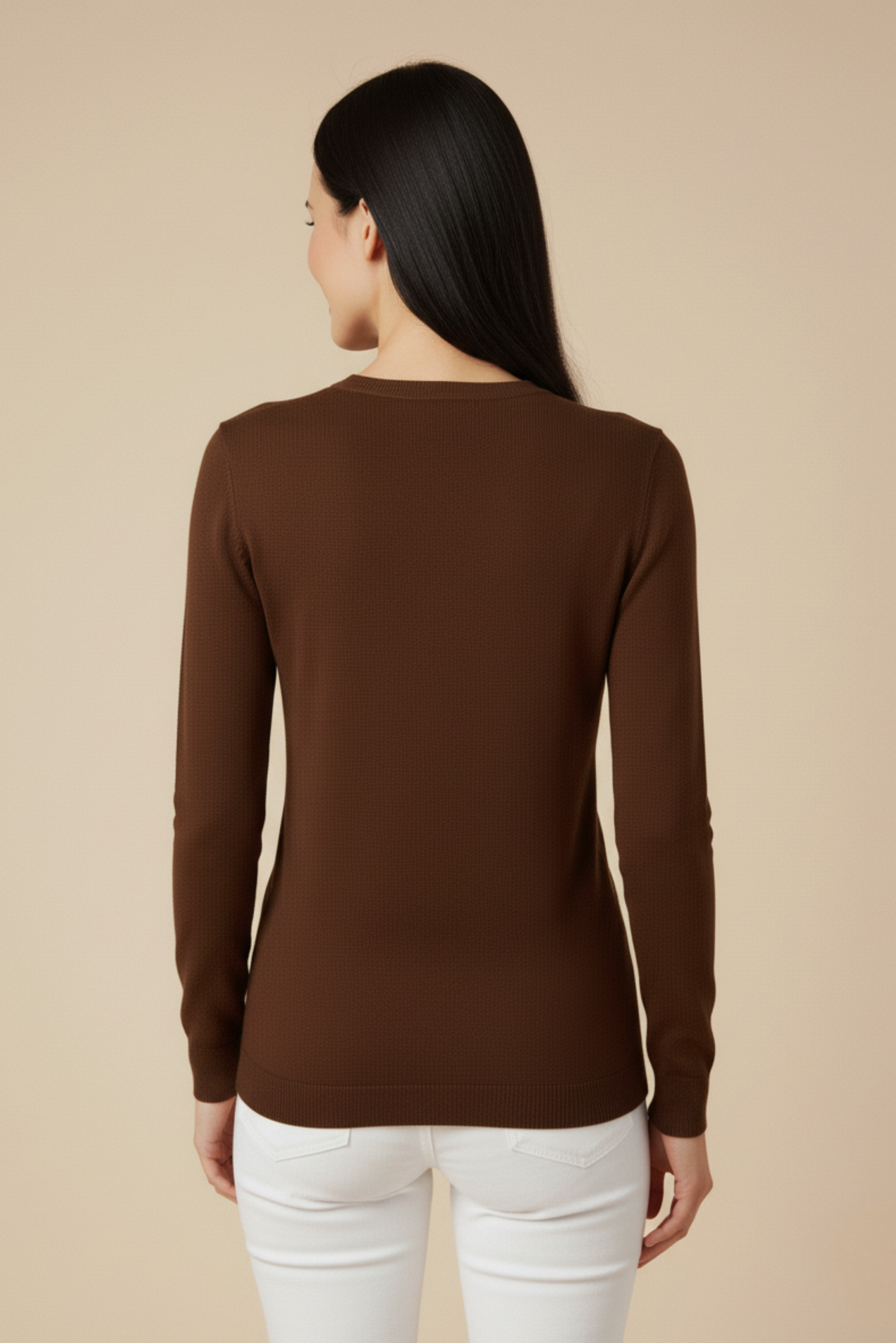 Kadın Kahverengi Triko Yuvarlak Yaka Kazak - Görsel 5