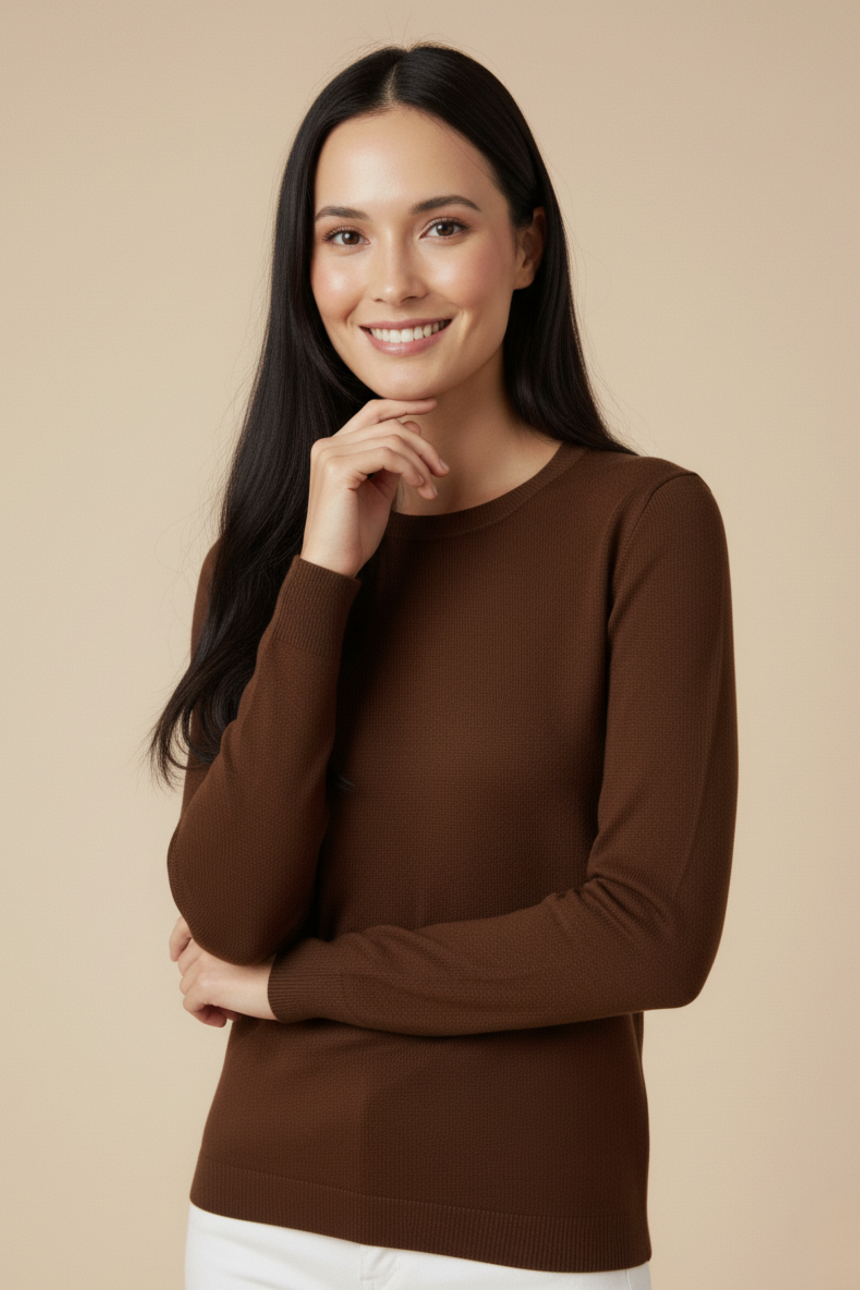 Kadın Kahverengi Triko Yuvarlak Yaka Kazak - Görsel 2