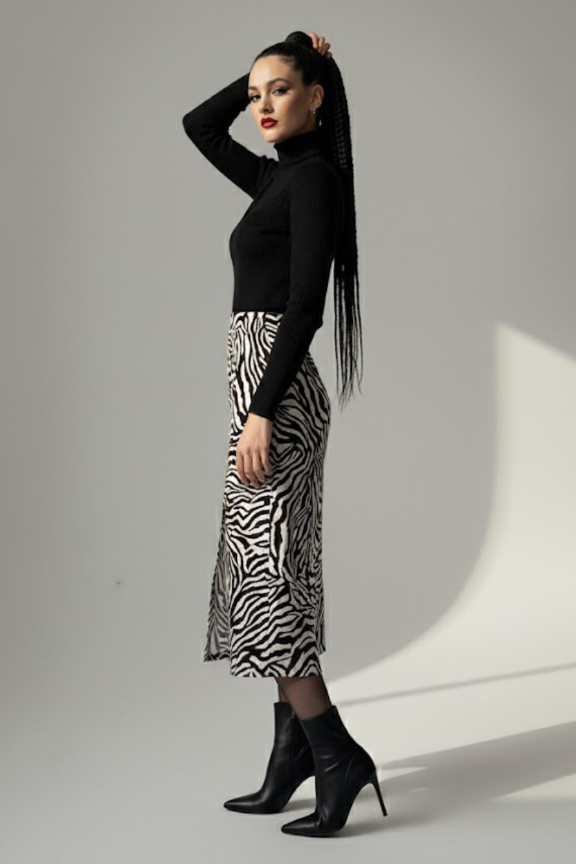 Kadın Zebra Desen Midi Boy Etek - Görsel 3