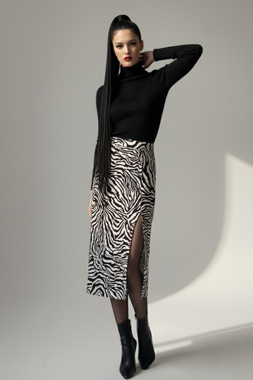 Kadın Zebra Desen Midi Boy Etek - Görsel 5