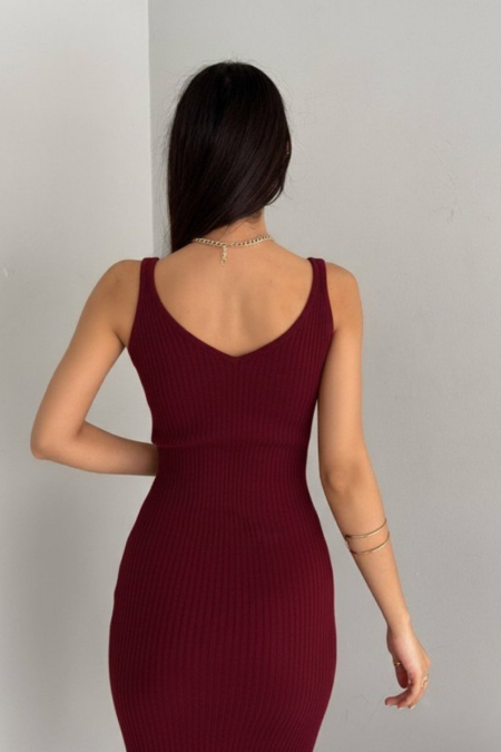 Kadın Delikli Kazak Askılı Elbise Triko Kumaş İkili Takım - Bordo