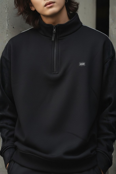 Unisex Kışlık Siyah Beyaz Şeritli Yarım Fermuarlı Dik Yaka 3 İplik Kalın Pamuklu Şardonlu Sweatshirt