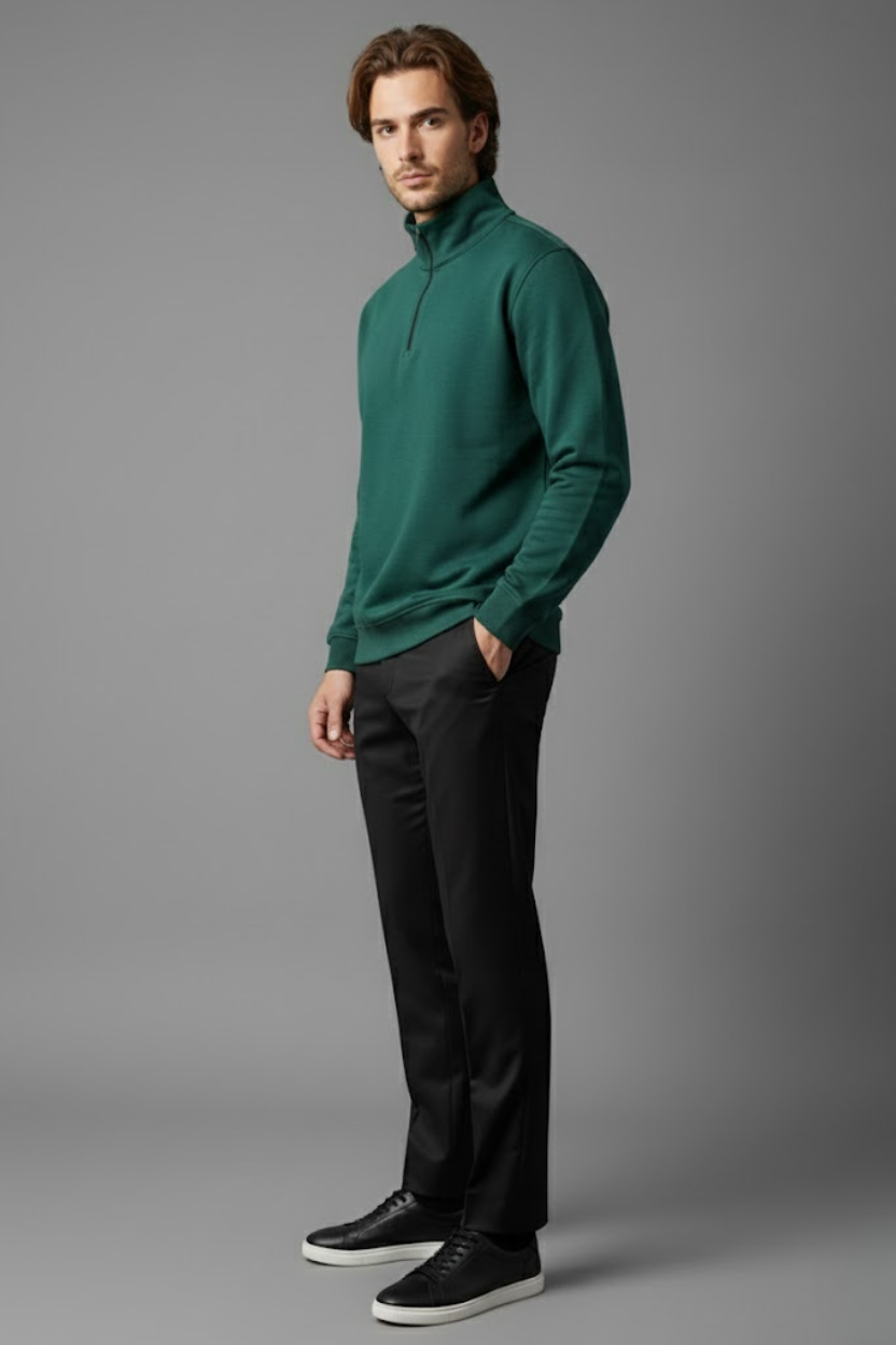 Unisex Kışlık Koyu Yeşil Yarım Fermuarlı Dik Yaka 2 İplik Basic Sweatshirt - Görsel 3