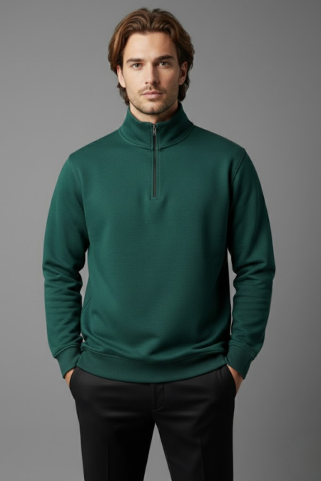 Unisex Kışlık Koyu Yeşil Yarım Fermuarlı Dik Yaka 2 İplik Basic Sweatshirt