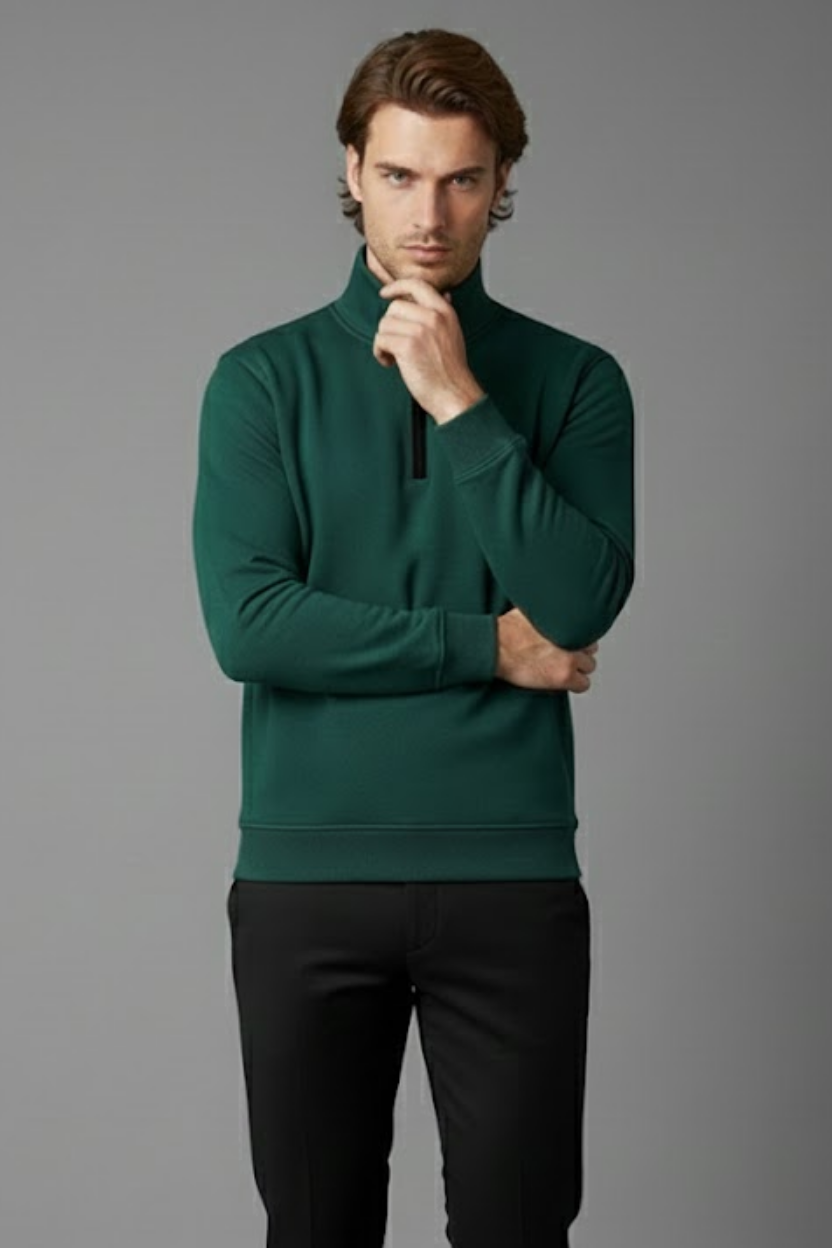 Unisex Kışlık Koyu Yeşil Yarım Fermuarlı Dik Yaka 2 İplik Basic Sweatshirt - Görsel 2