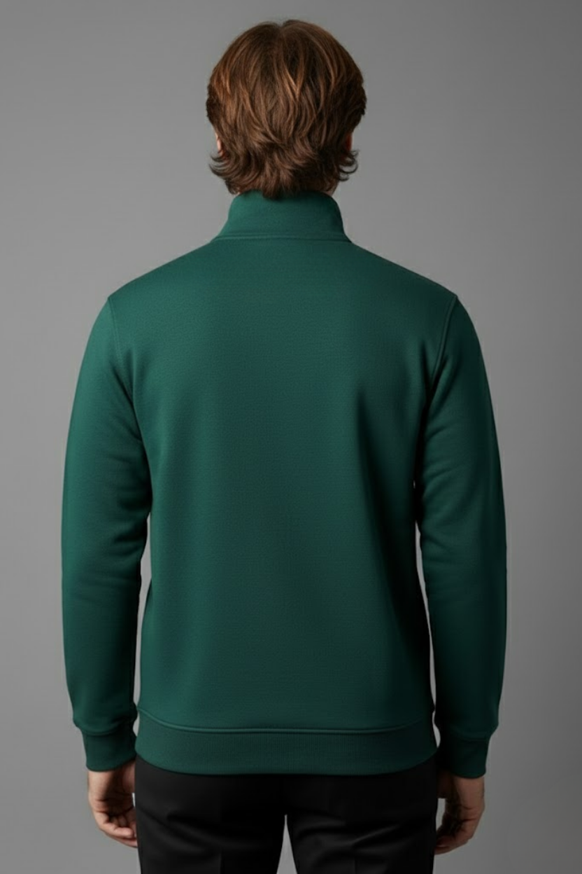 Unisex Kışlık Koyu Yeşil Yarım Fermuarlı Dik Yaka 2 İplik Basic Sweatshirt - Görsel 4