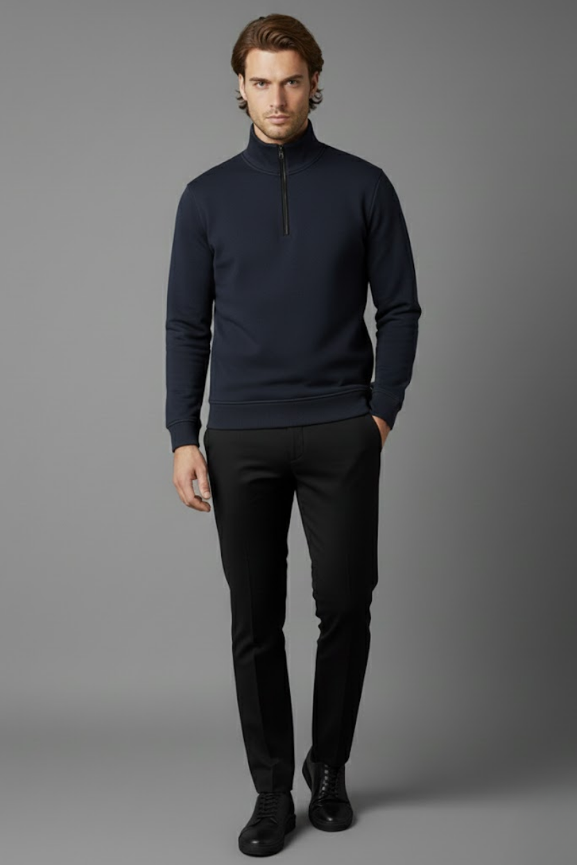 Unisex Kışlık Lacivert Yarım Fermuarlı Dik Yaka 2 İplik Basic Sweatshirt - Görsel 2