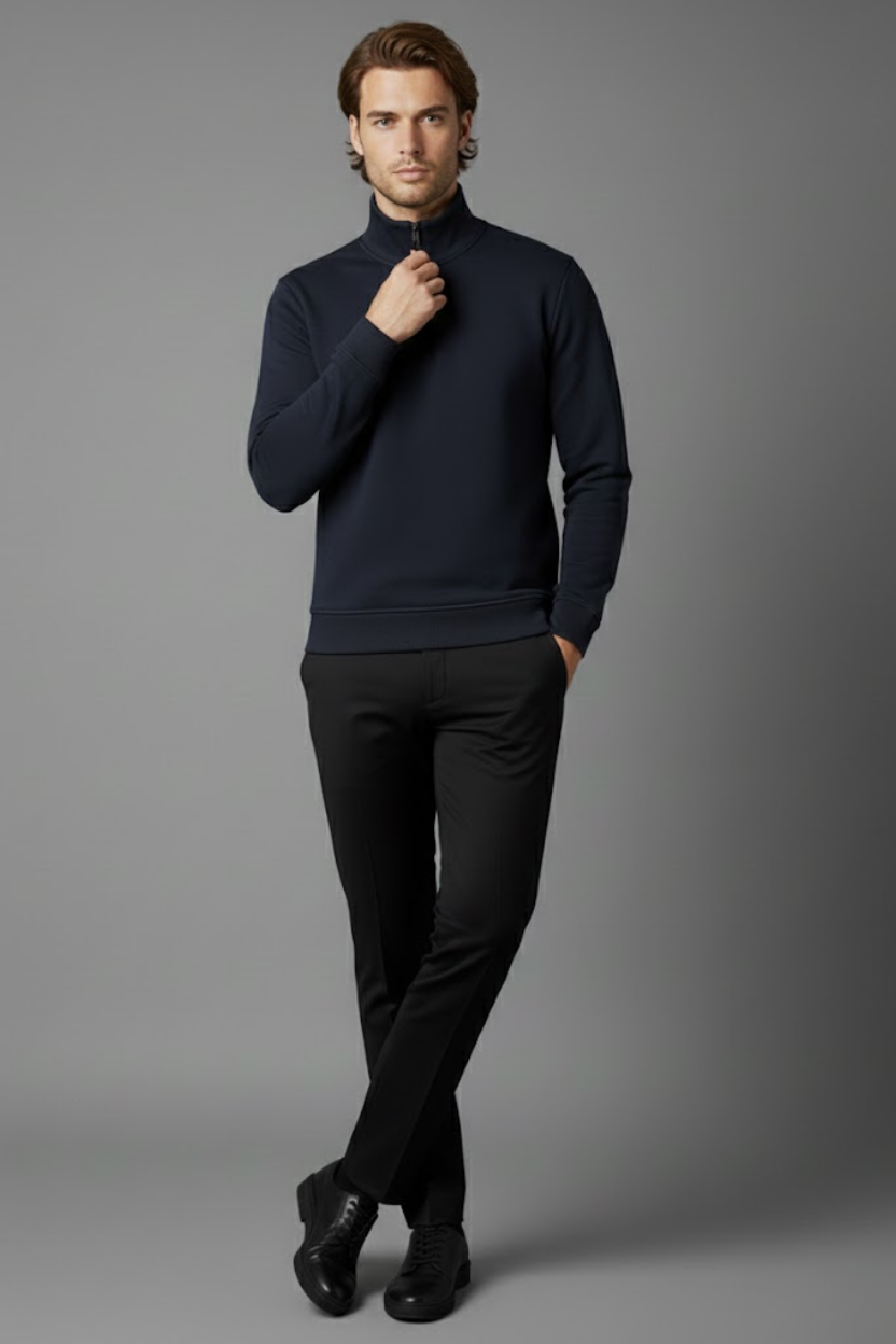 Unisex Kışlık Lacivert Yarım Fermuarlı Dik Yaka 2 İplik Basic Sweatshirt - Görsel 4