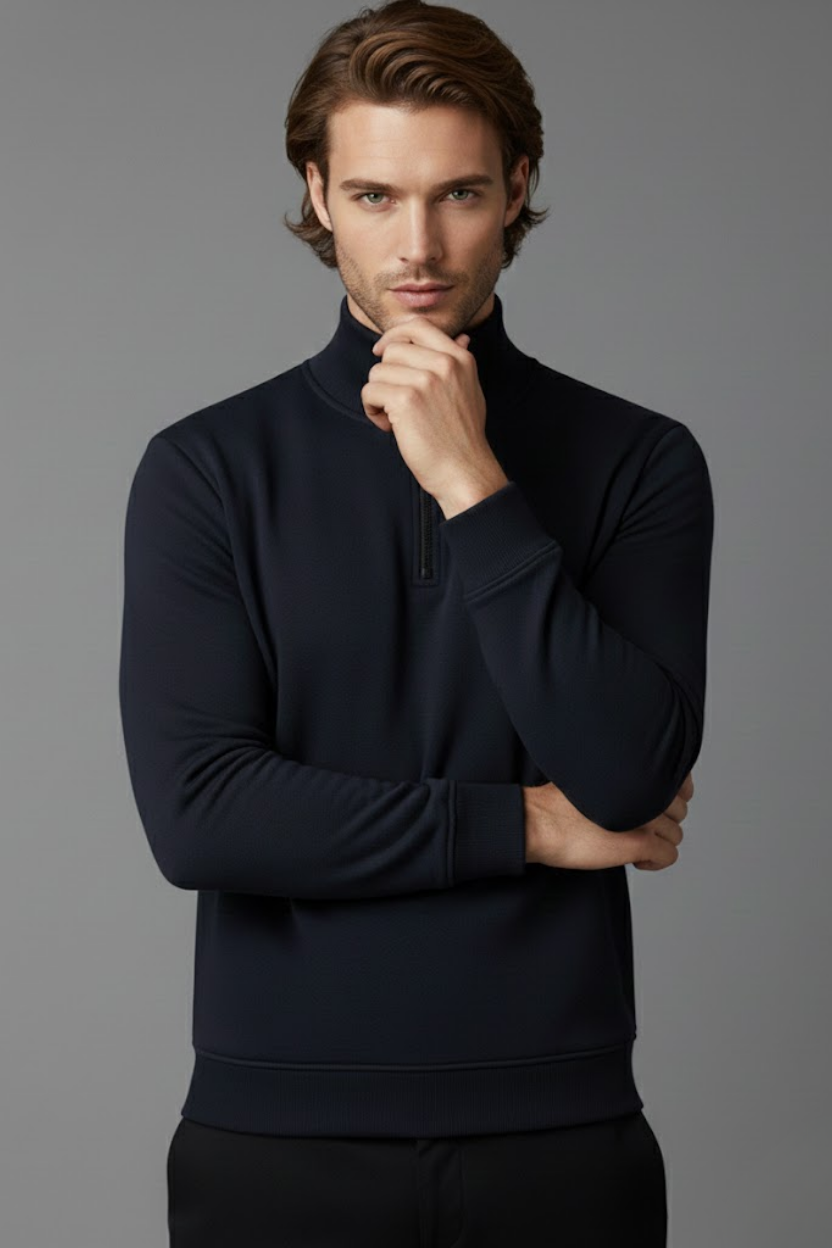 Unisex Kışlık Lacivert Yarım Fermuarlı Dik Yaka 2 İplik Basic Sweatshirt - Görsel 3