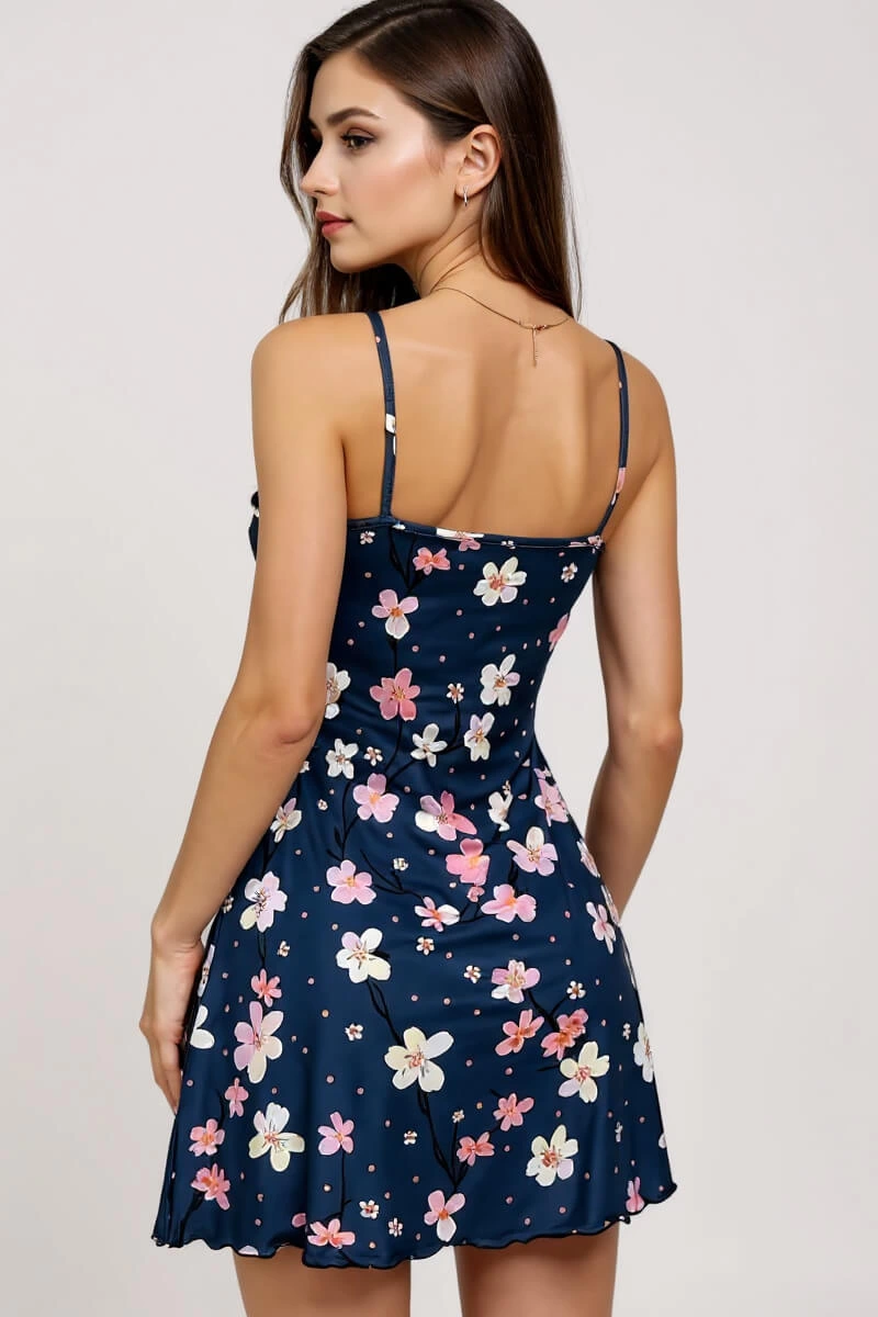 Çiçek Desenli Mavi Askılı Gecelik - Görsel 2