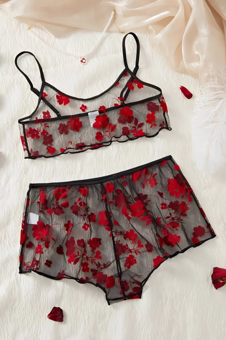 Çiçek Desenli Siyah Transparan Şortlu Gecelik TM1377