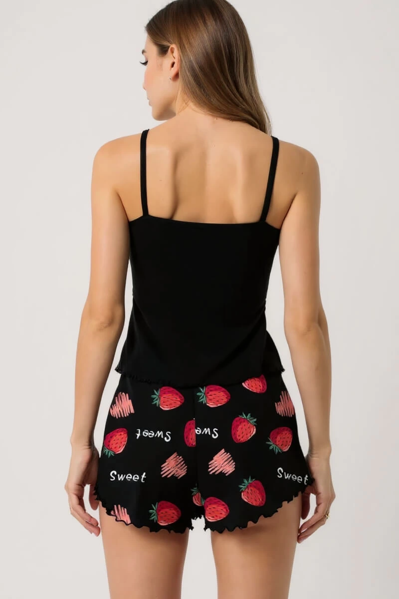 Çilek Baskılı Siyah Askılı Şortlu Pijama Takımı - Görsel 3