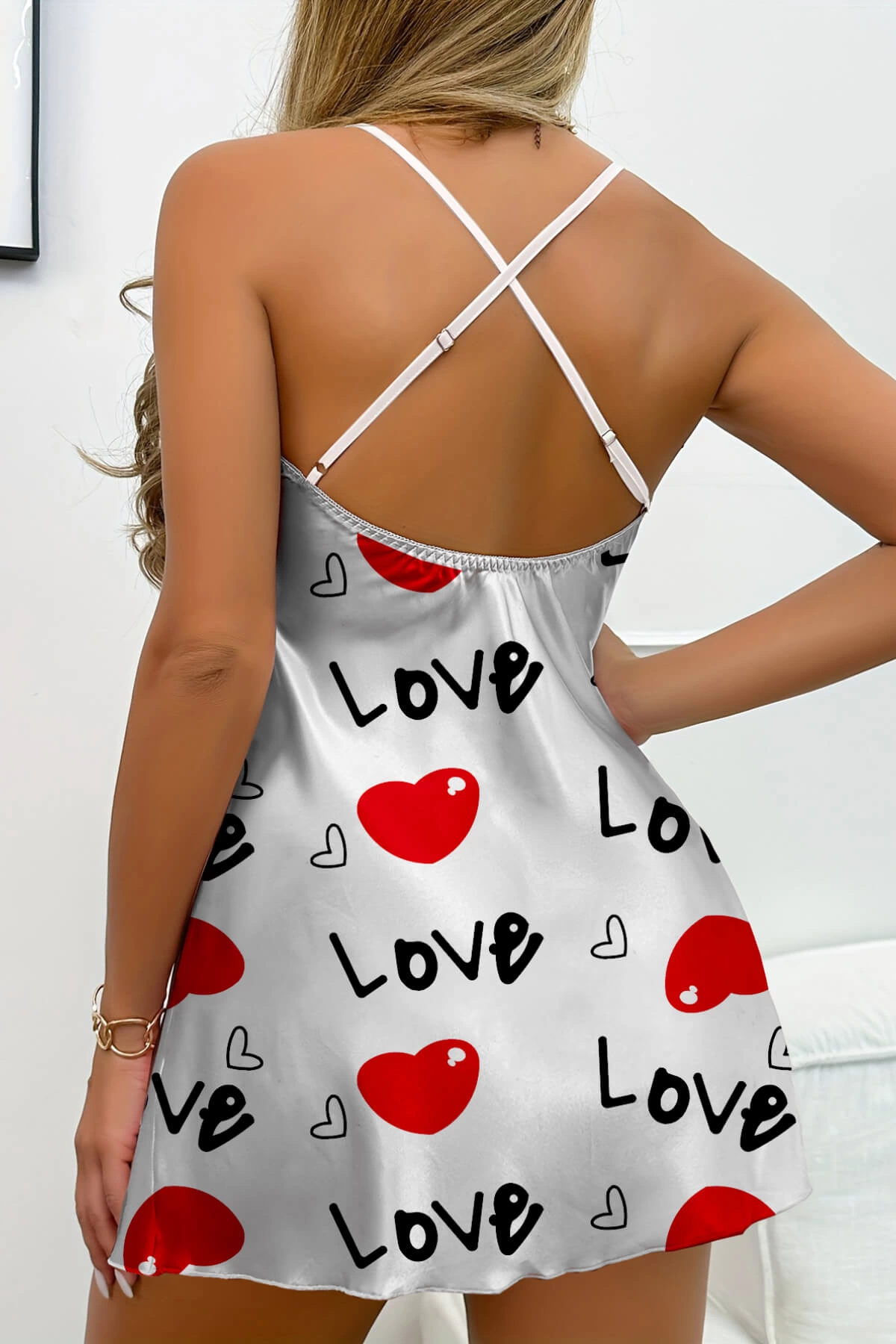 Love Desenli Beyaz Saten Gecelik - Görsel 5