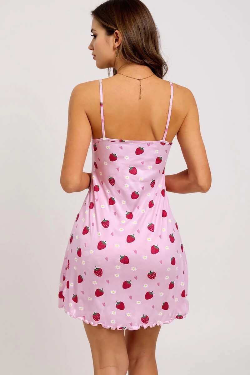 Pembe Çilek Desenli Askılı Kadın Gecelik - Görsel 3