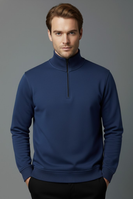 Unisex Kışlık Mavi Yarım Fermuarlı Dik Yaka 2 İplik Basic Sweatshirt