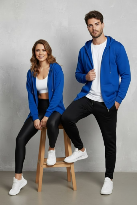 Unisex Saks Mavi Oversize Kalıp 2 İplik Kapüşonlu Fermuarlı Sweatshirt Ceket Hırka