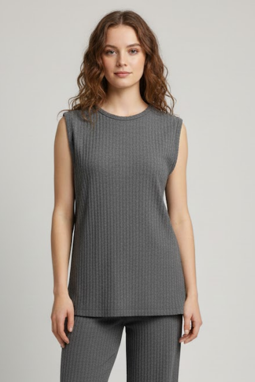 Kadın Gri Ribanalı Üçlü Takım Uzun Hırka Bisiklet Yaka Bluz Lastikli Boru Paça Pantolon 2 Kadın Gri Ribanalı Üçlü Takım Uzun Hırka Bisiklet Yaka Bluz Lastikli Boru Paça Pantolon - Görsel 2