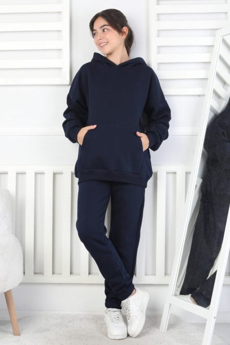 Şardonlu 3 İplik Kapşonlu Kız Çocuk Takım