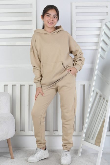 Şardonlu 3 İplik Kapşonlu Kız Çocuk Takım