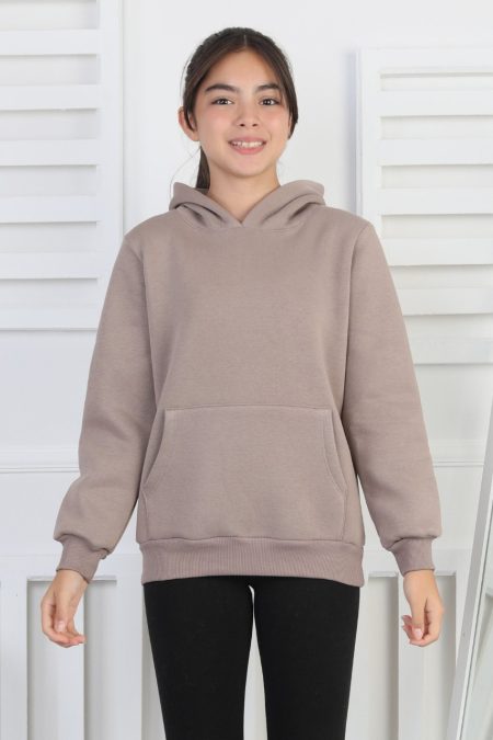 Şardonlu 3 İplik Kapşonlu Kız Çocuk Sweatshirt