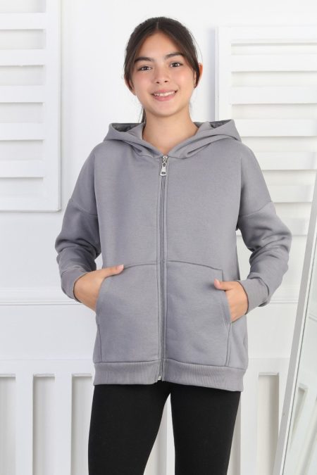 Şardonlu 3 İplik Kapşonlu Kız Çocuk Sweatshirt