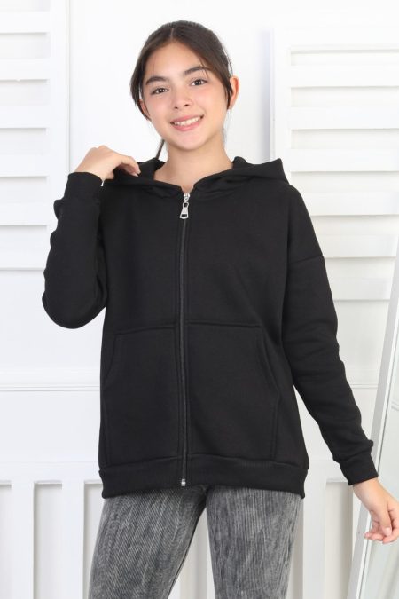 Şardonlu 3 İplik Kapşonlu Kız Çocuk Sweatshirt