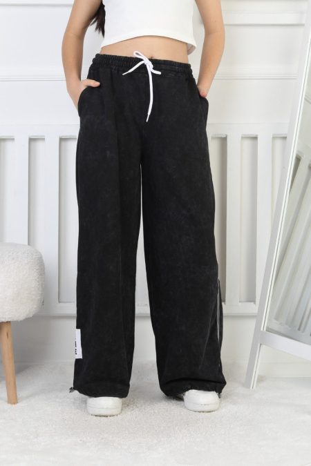 İki İplik Yıkamalı Dik Çizgili Baskılı Siyah Kız Çocuk Eşofman Altı