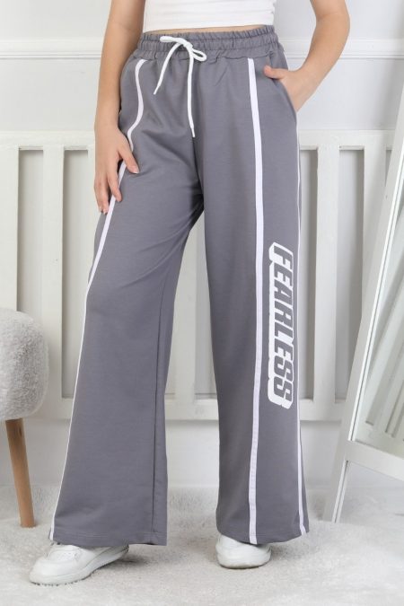 İki İplik Baskılı Kız Çocuk Gri Eşofman Altı