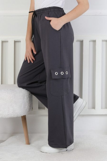 İki İplik Baskılı Kargo Cepli Kız Çocuk Antrasit Eşofman Altı