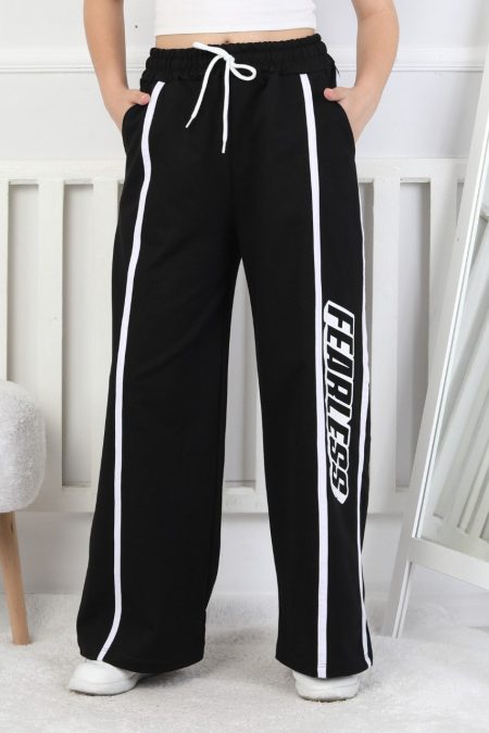 İki İplik Baskılı Kız Çocuk Siyah Eşofman Altı