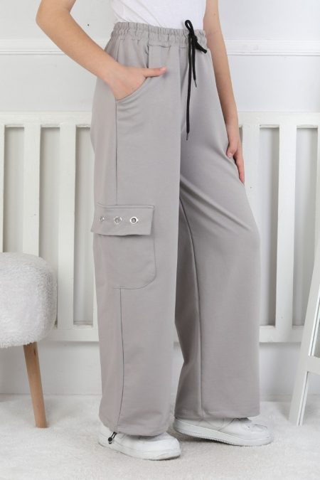 İki İplik Baskılı Kargo Cepli Gri Kız Çocuk Eşofman Altı