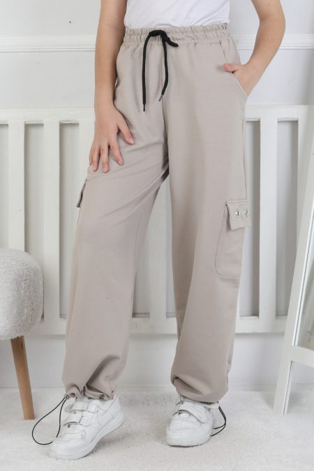 İki İplik Baskılı Kargo Çepli Kız Çocuk Bej Eşofman Altı