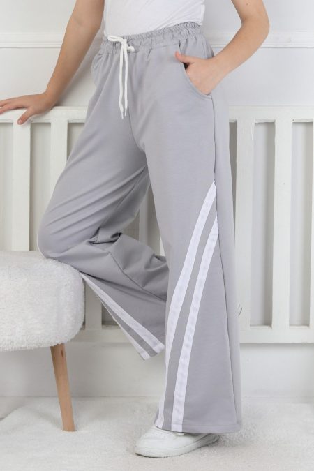 İki İplik Çapraz Çizgili Gri Kız Çocuk Eşofman Altı