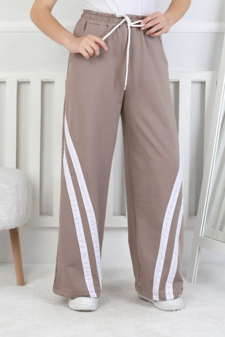 İki İplik Çapraz Çizgili Bej Kız Çocuk Eşofman Altı