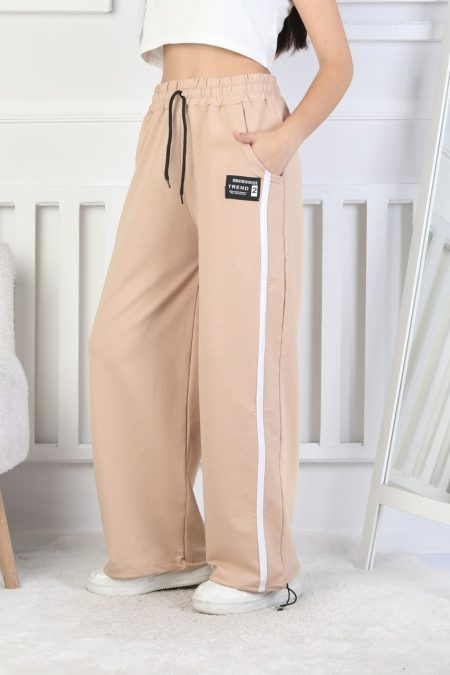 İki İplik Çizgili Kız Çocuk Bej Eşofman Altı