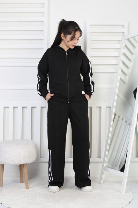 İki İplik Siyah Çizgili Kız Çocuk Takım