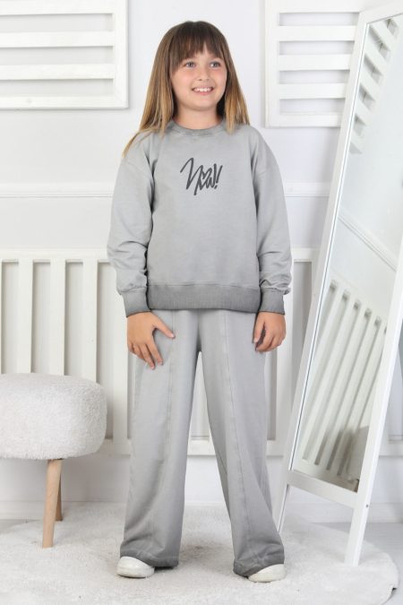 İki İplik Yıkamalı Baskılı Kız Çocuk Gri Takım