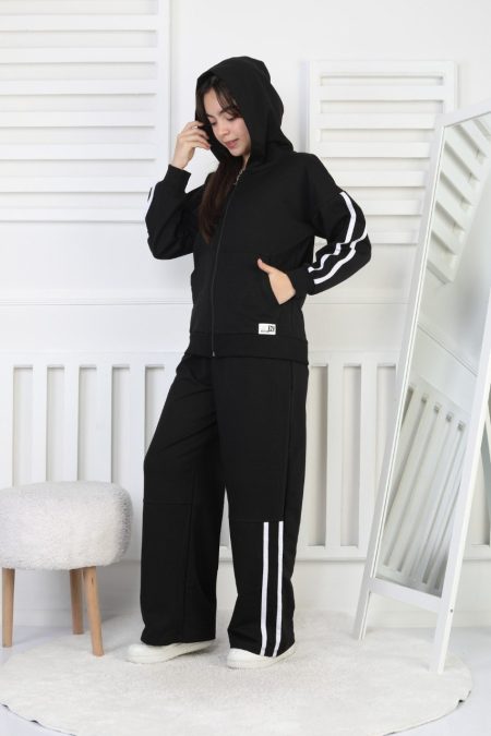 İki İplik Çizgili Siyah Kız Çocuk Takım