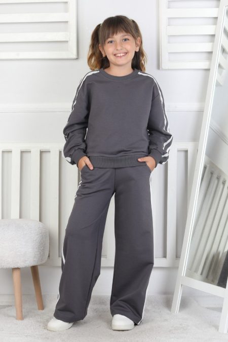 İki İplik Güpürlü Çizgili Antrasit Kız Çocuk İkili Takım