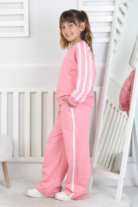 İki İplik Güpürlü Çizgili Pembe Kız Çocuk Takım