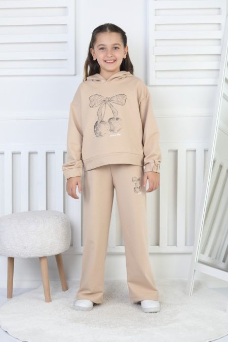 İki İplik Kapüşonlu Baskılı Kız Bej Çocuk Takım